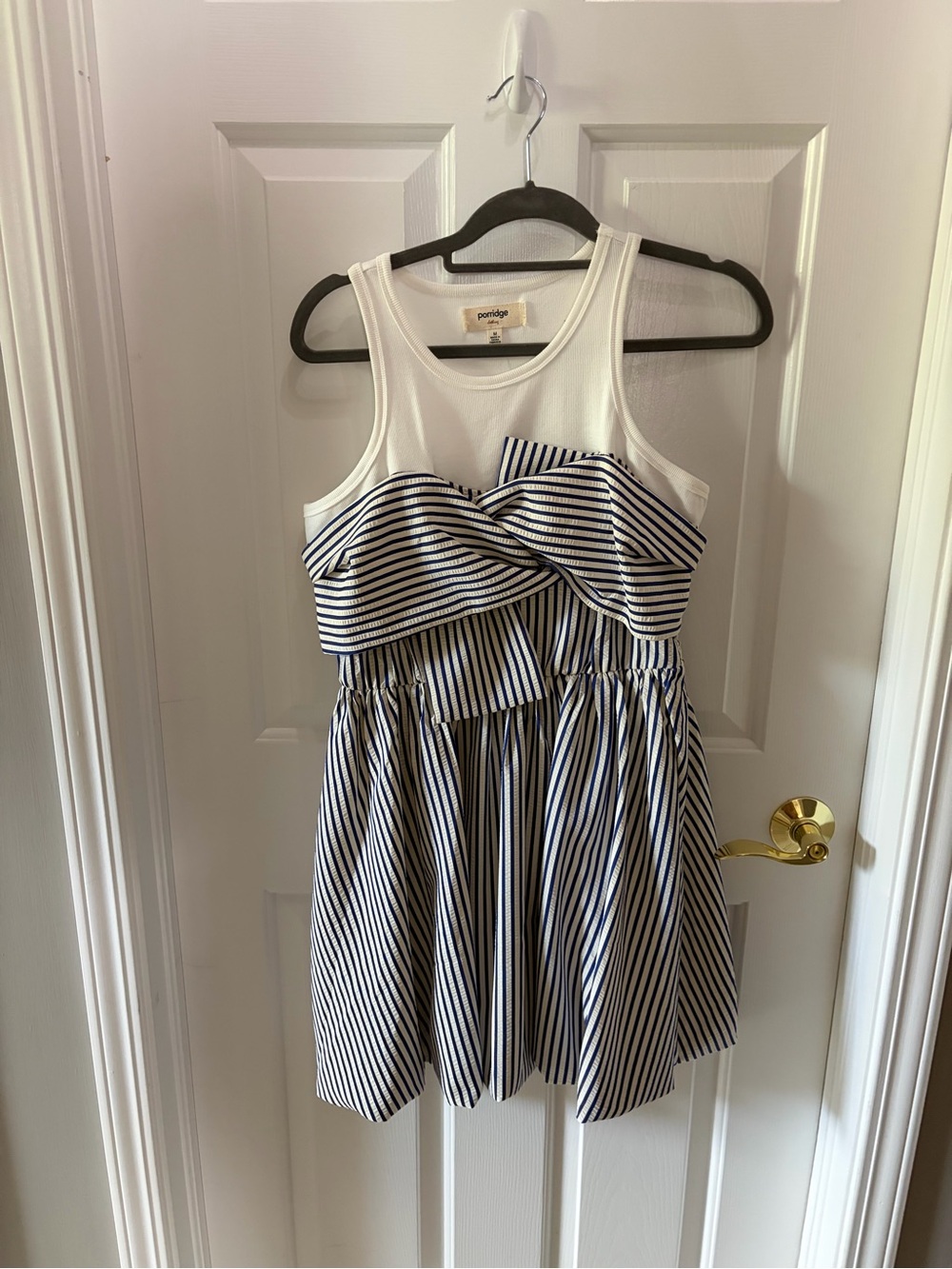 Anthropologie porridge White and Navy Striped bubble hem Dress size medium